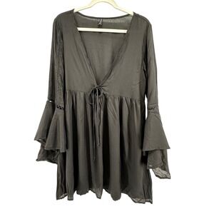 Boho Me Bell Sleeve Tunic Top Womens M Black Coverup Deep V Witchy Goth Peasant